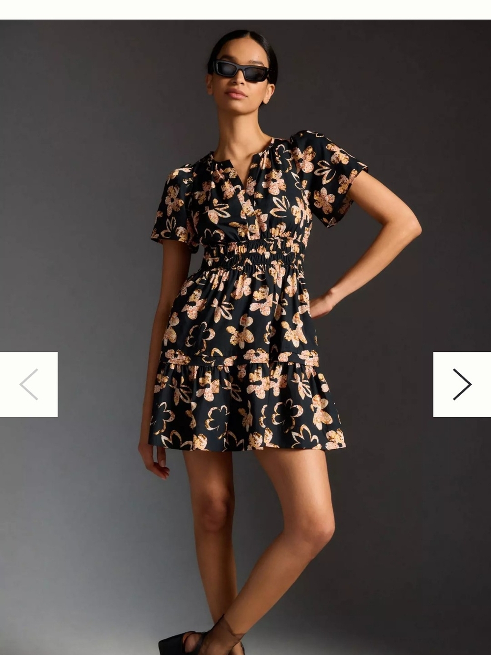 Anthropologie Black Mini Dress with Peach Floral Print